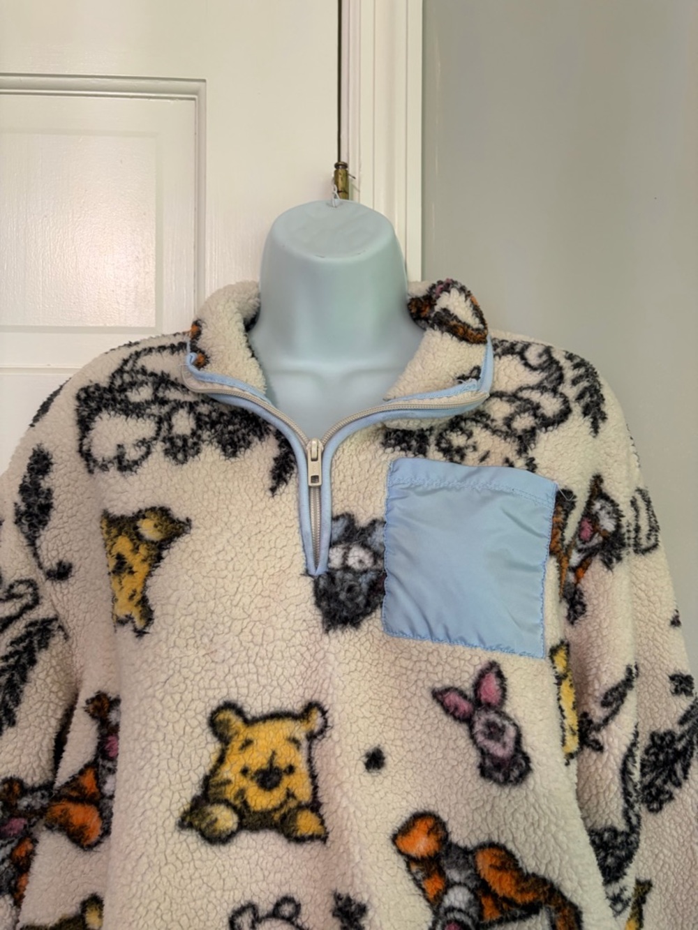 Disney Winnie the Pooh Cream and Gray Sherpa Jacket with Light Blue Trim - Picture 3 of 5